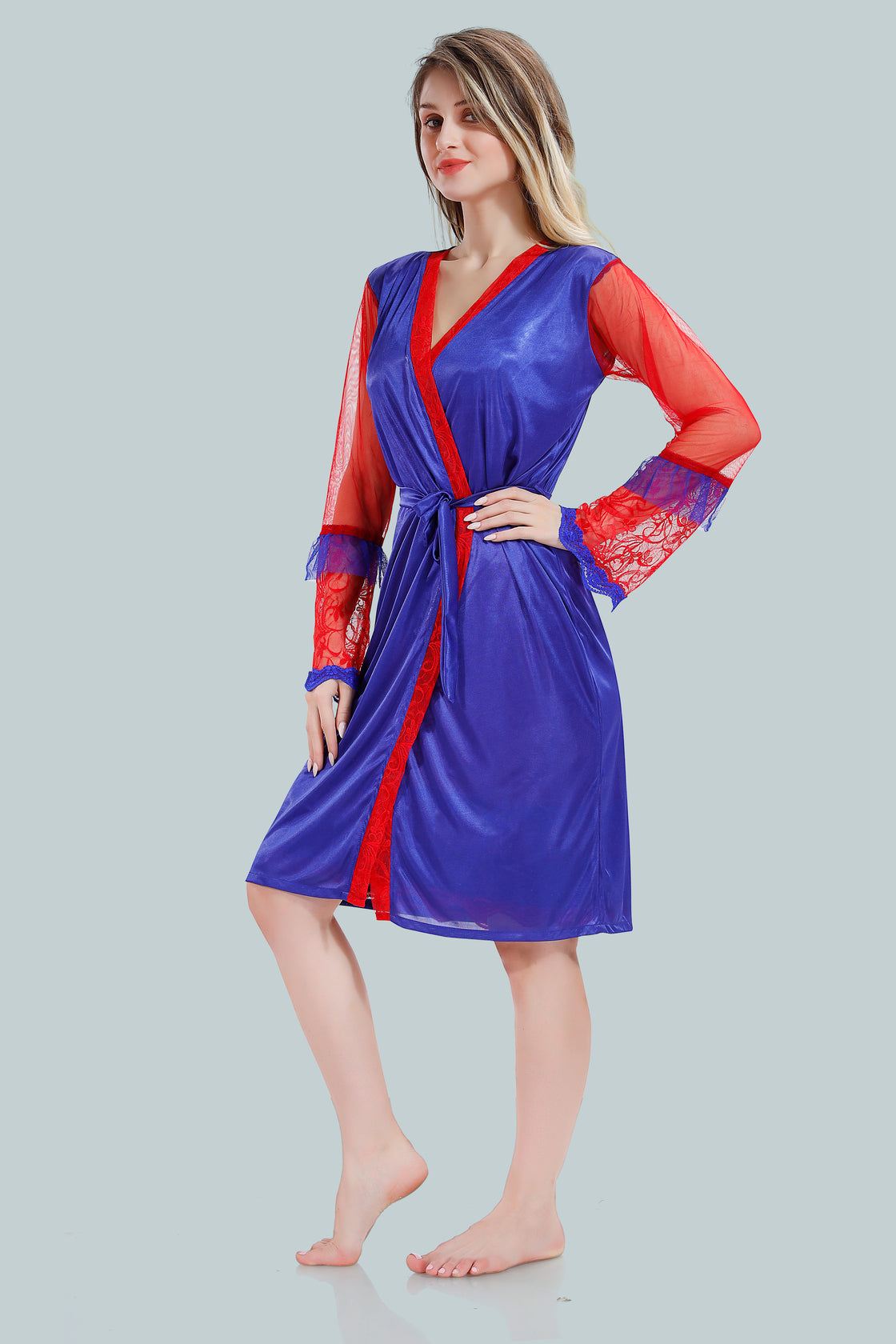 Red Satin Nighty with Net Robe Set