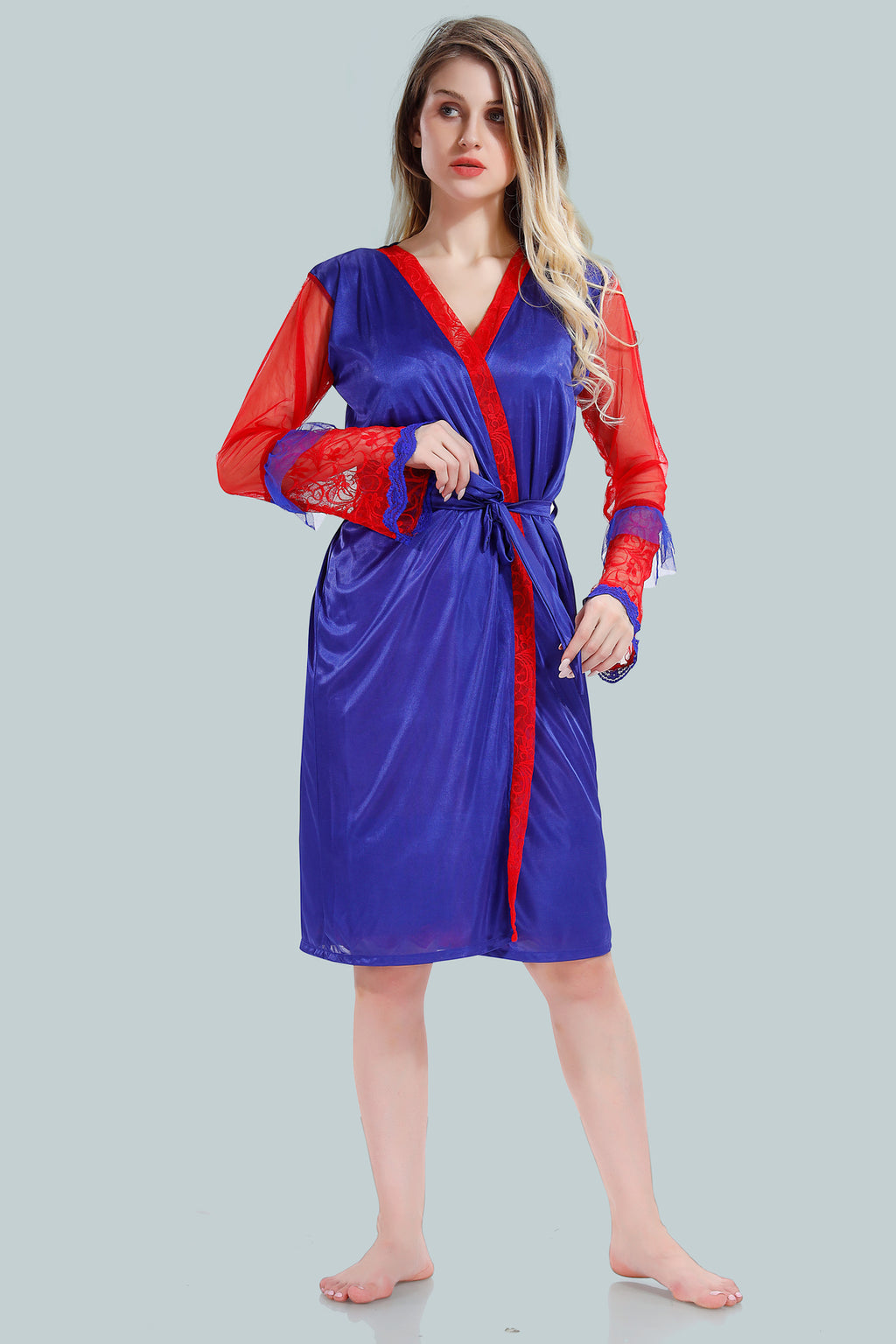 Red Satin Nighty with Net Robe Set