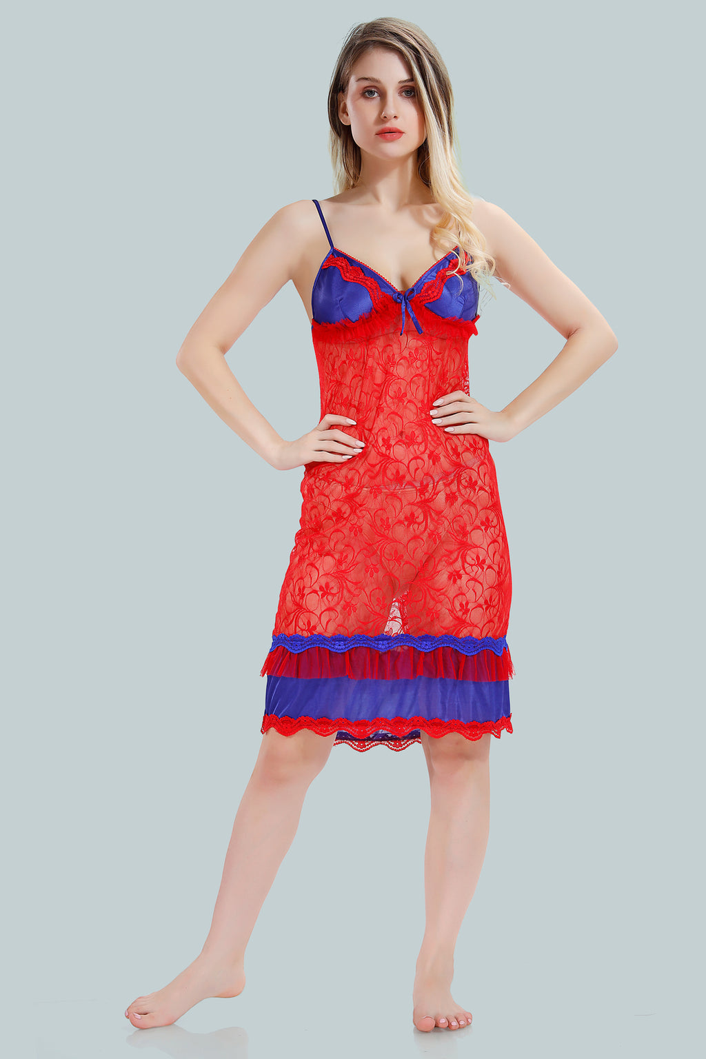 Red Satin Nighty with Net Robe Set