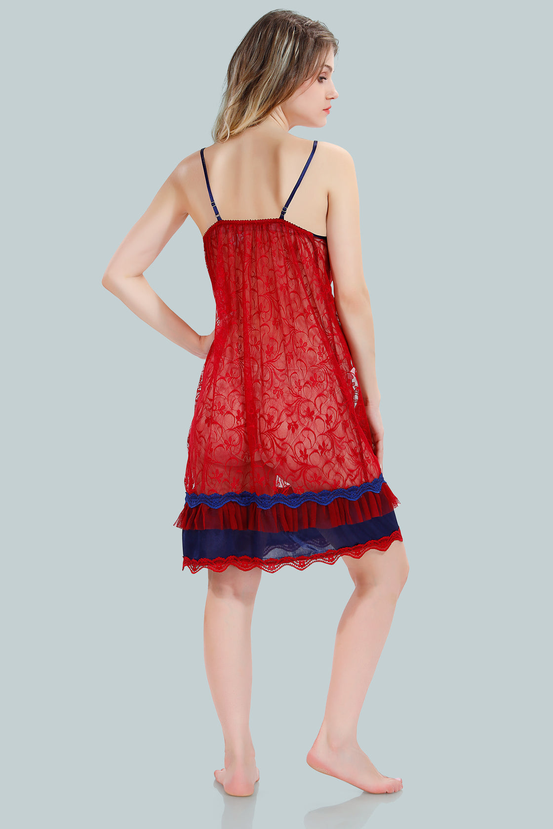 Navy Blue Satin Net Nighty with Robe for Women