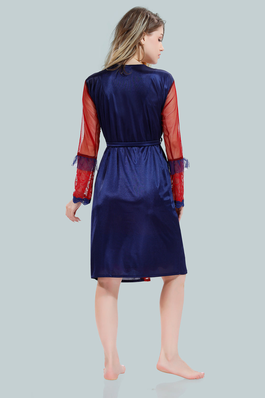 Navy Blue Satin Net Nighty with Robe for Women