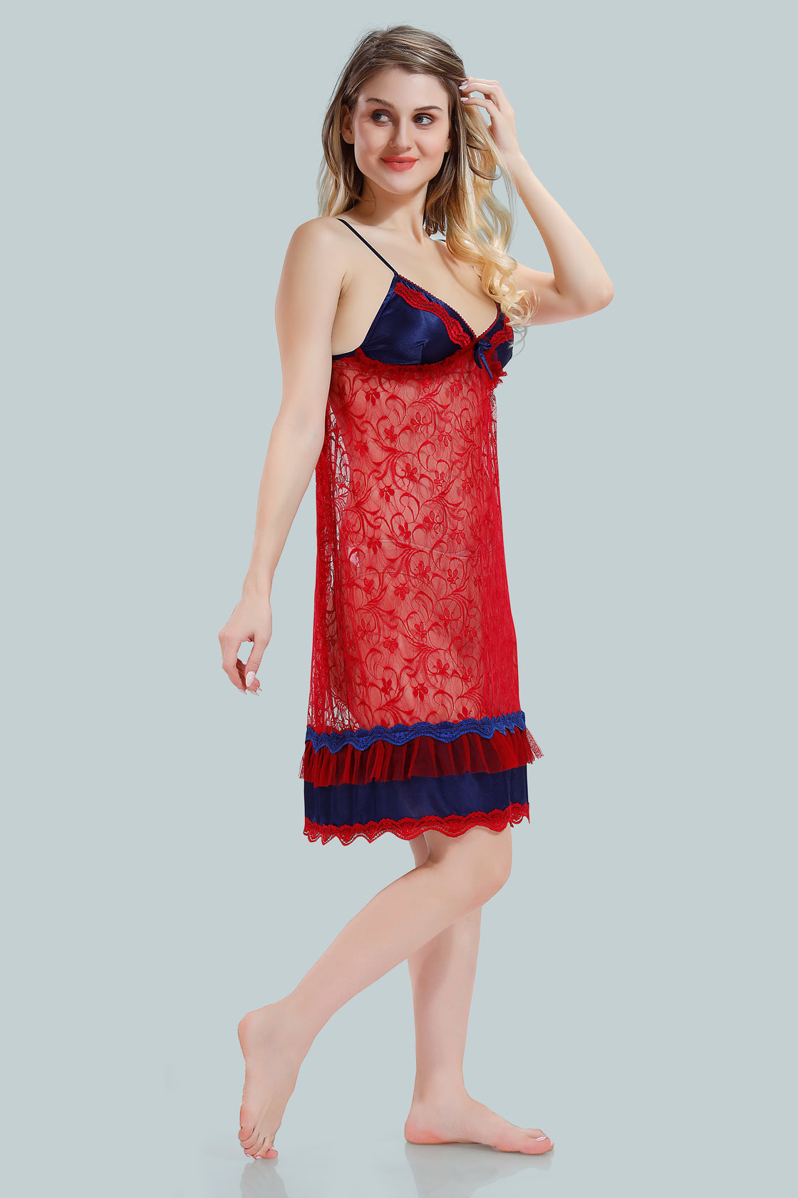 Navy Blue Satin Net Nighty with Robe for Women