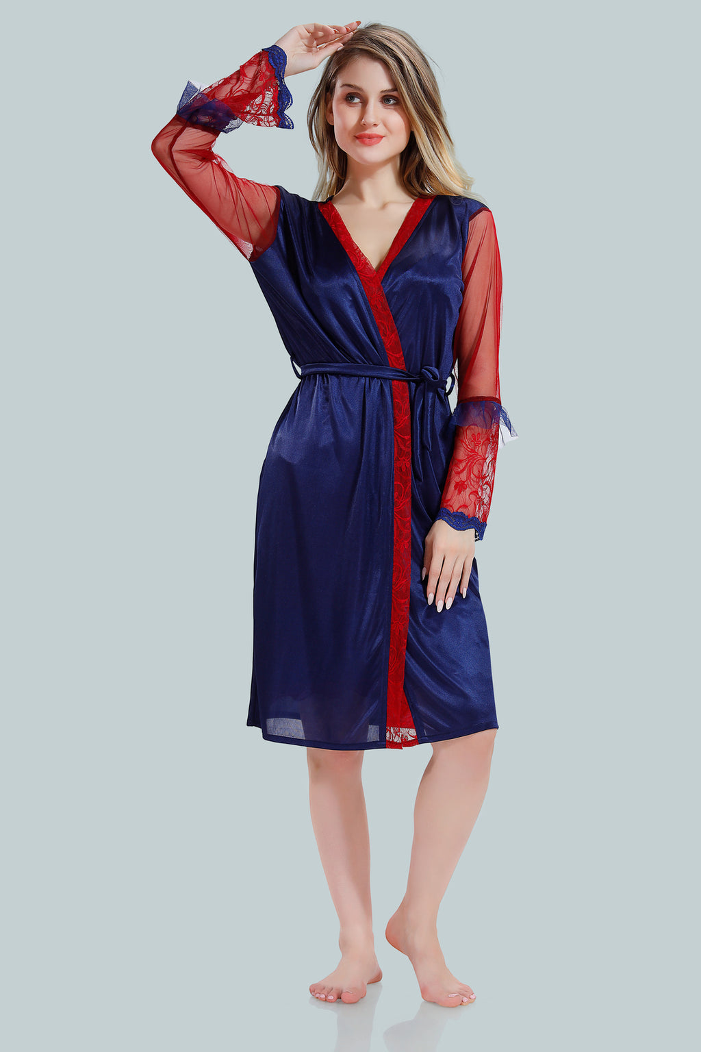 Navy Blue Satin Net Nighty with Robe for Women