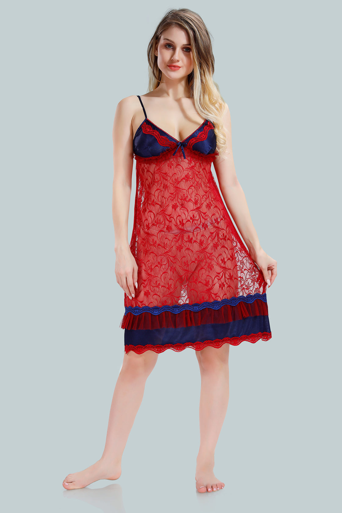 Navy Blue Satin Net Nighty with Robe for Women