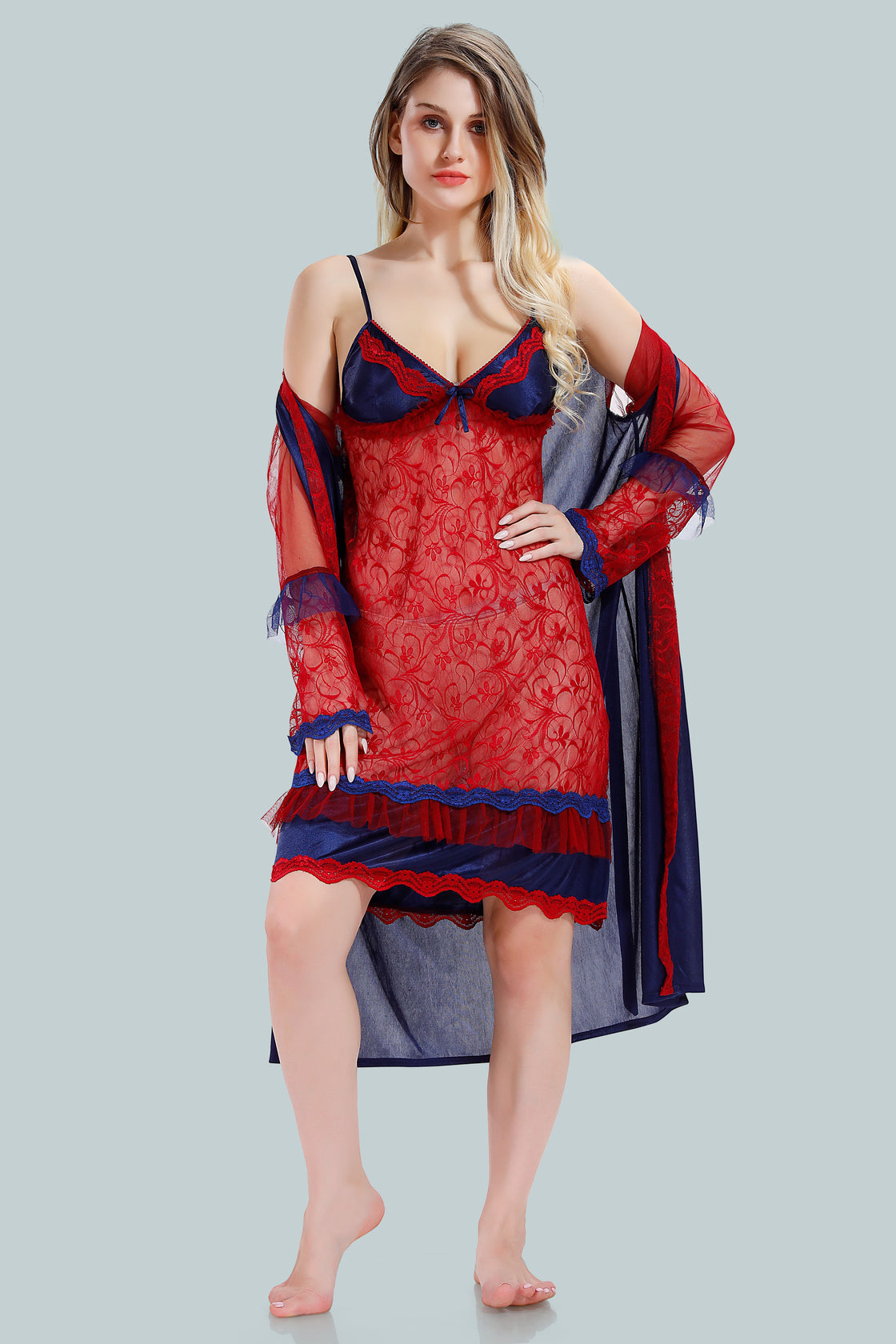 Navy Blue Satin Net Nighty with Robe for Women