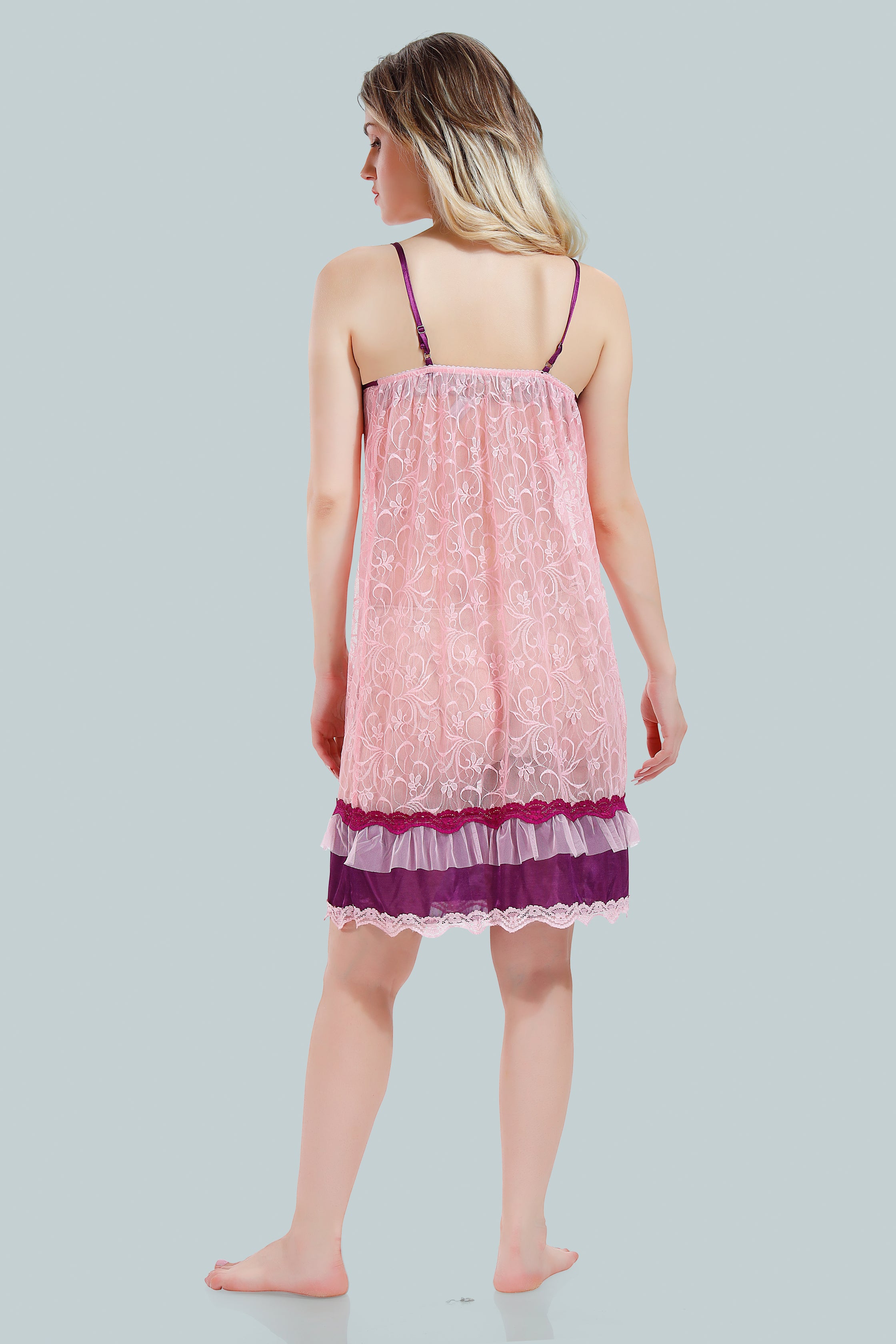 Baby Pink Satin Solid Full Net Sleeves Pack of 1 Nighty with Robe for Women