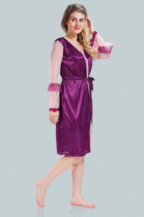 Baby Pink Satin Solid Full Net Sleeves Pack of 1 Nighty with Robe for Women