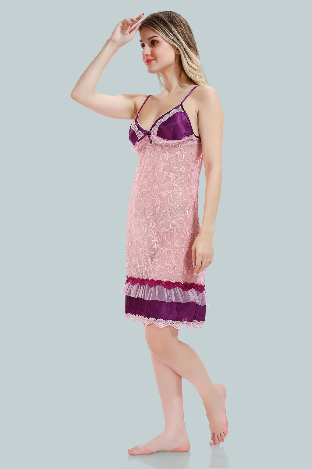 Baby Pink Satin Solid Full Net Sleeves Pack of 1 Nighty with Robe for Women