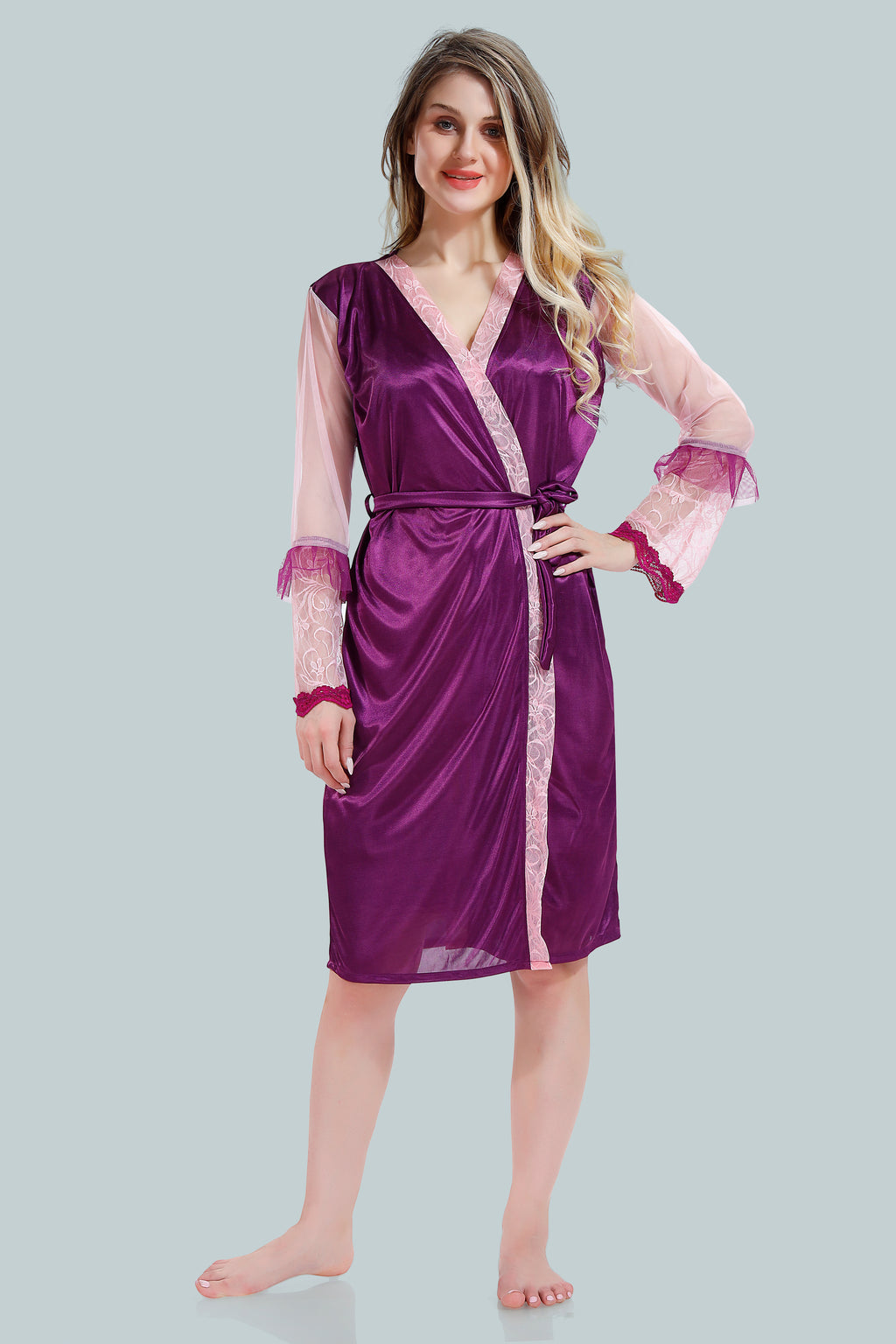 Baby Pink Satin Solid Full Net Sleeves Pack of 1 Nighty with Robe for Women