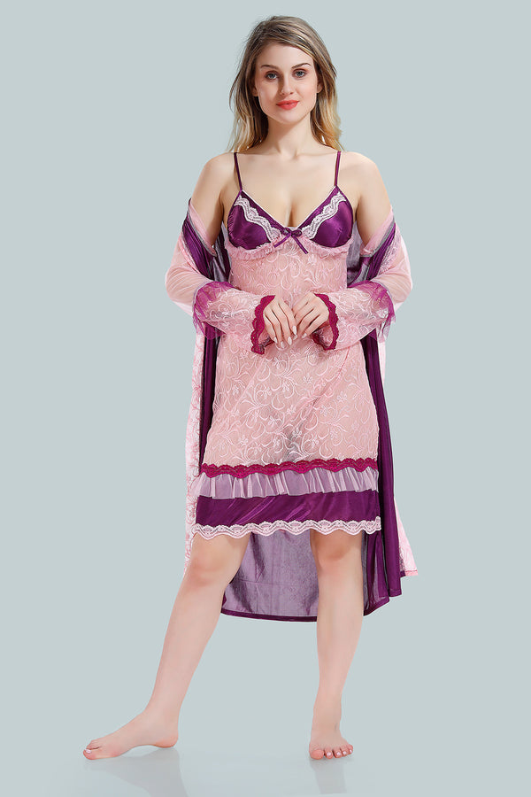 Baby Pink Satin Solid Full Net Sleeves Pack of 1 Nighty with Robe for Women