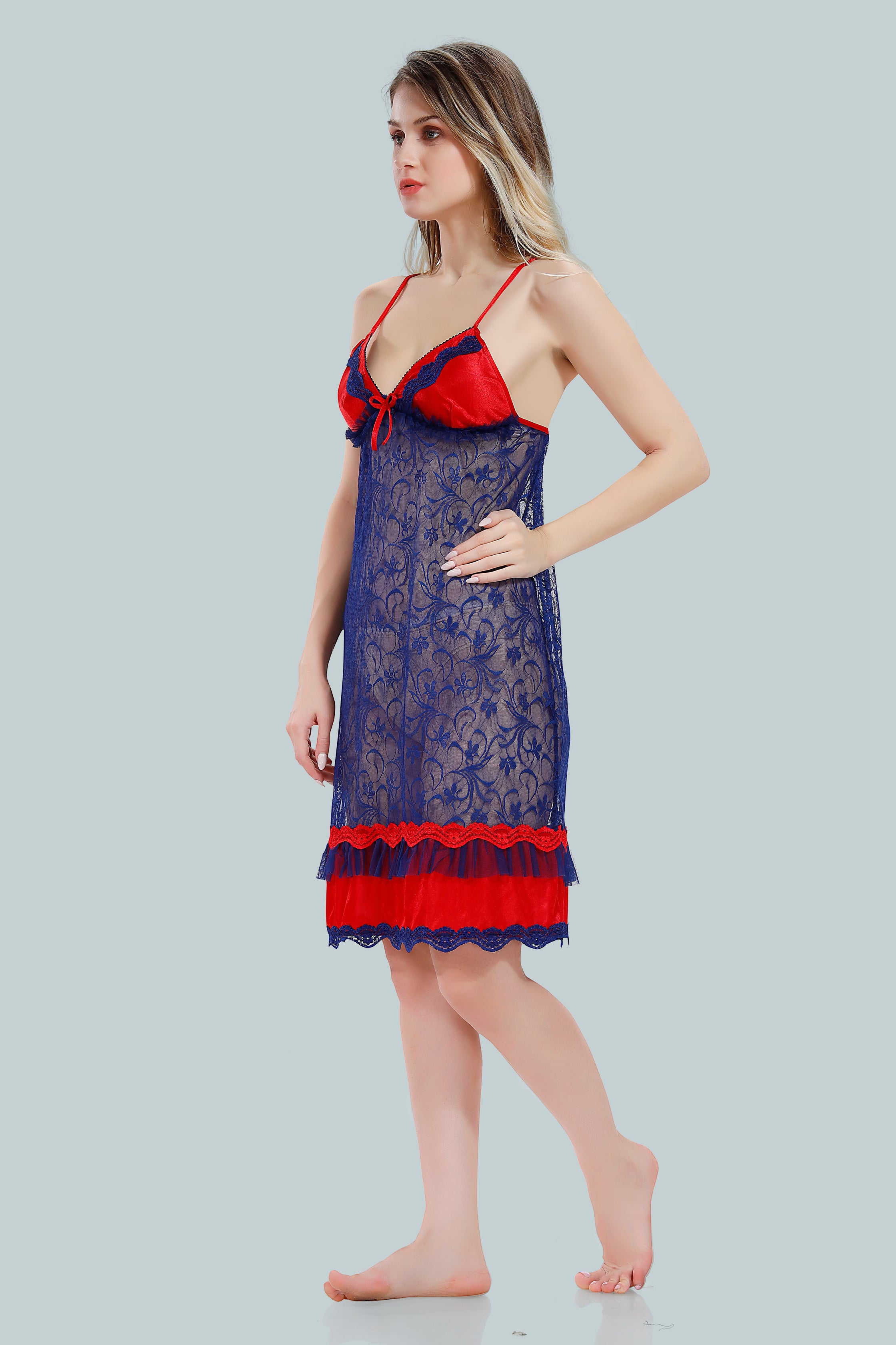 Red Satin Solid Full Net Sleeves Pack of 1 Nighty with Robe for Women