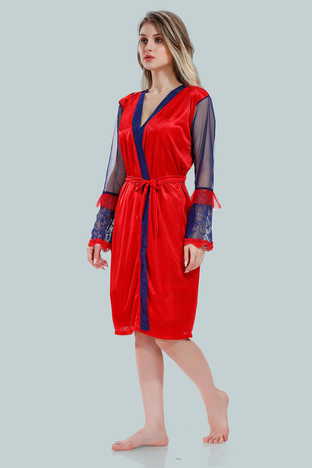 Red Satin Solid Full Net Sleeves Pack of 1 Nighty with Robe for Women