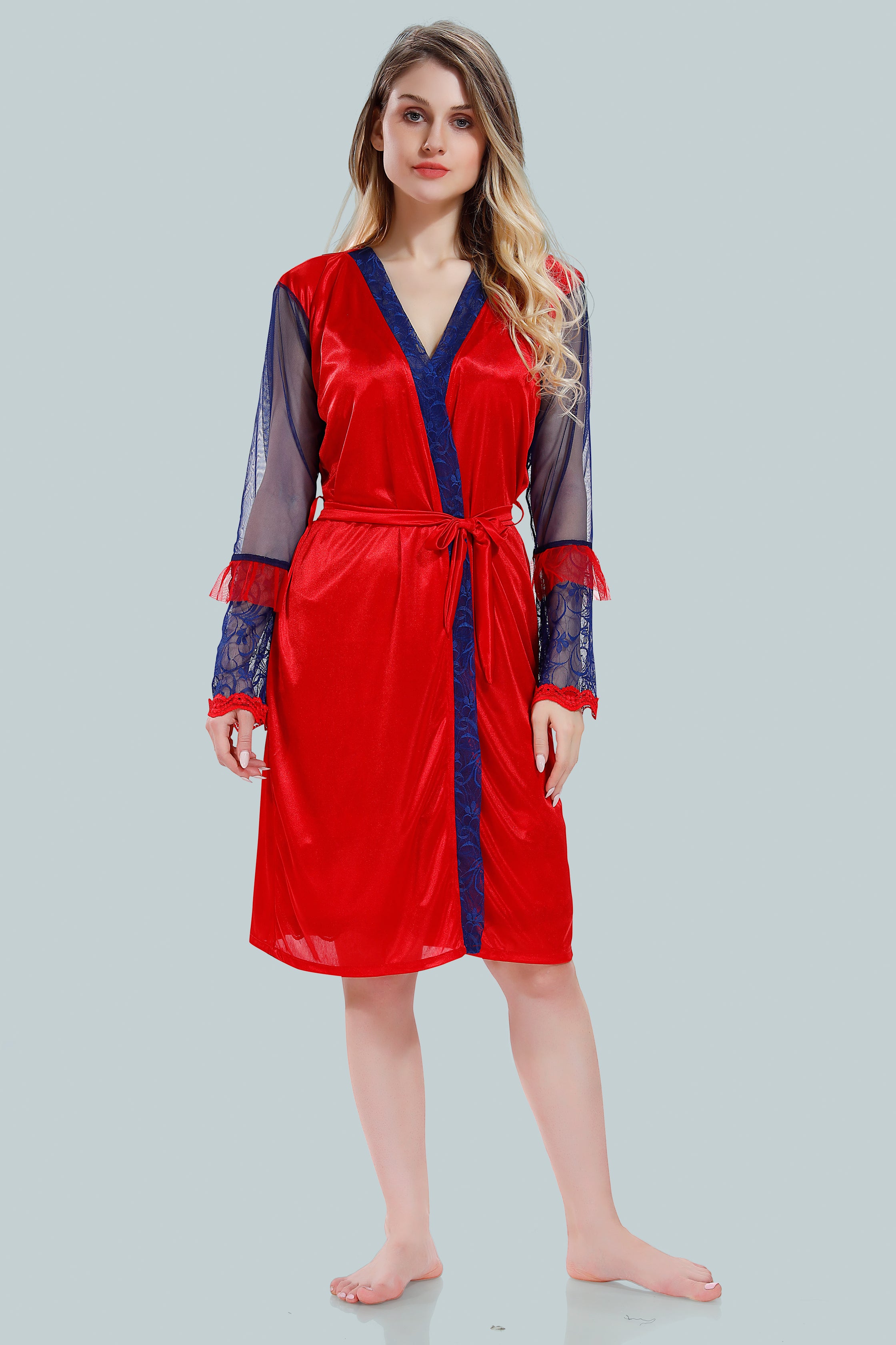 Red Satin Solid Full Net Sleeves Pack of 1 Nighty with Robe for Women