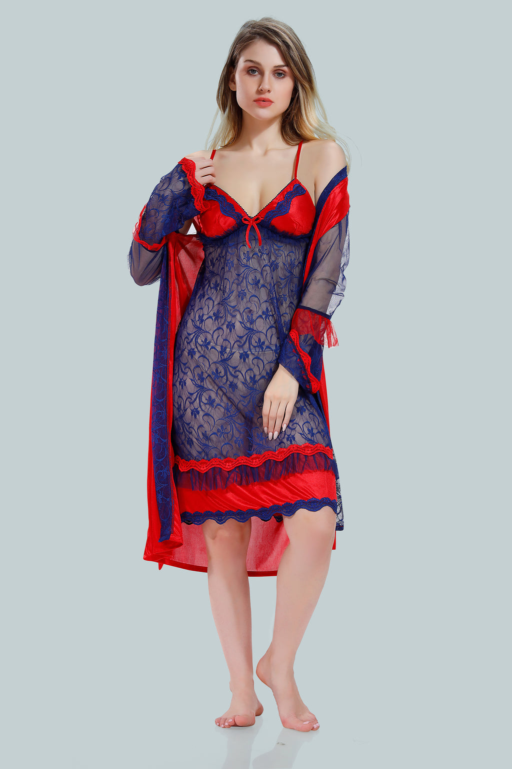 Red Satin Solid Full Net Sleeves Pack of 1 Nighty with Robe for Women