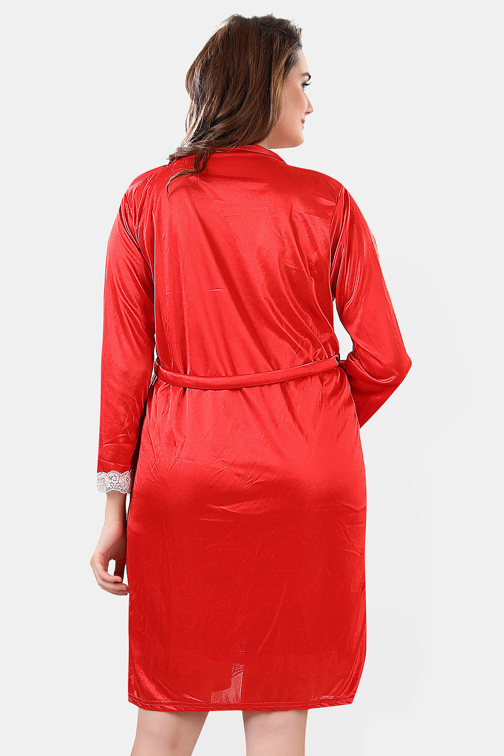 Red Satin Nighty with 3/4 Sleeve Robe for Women