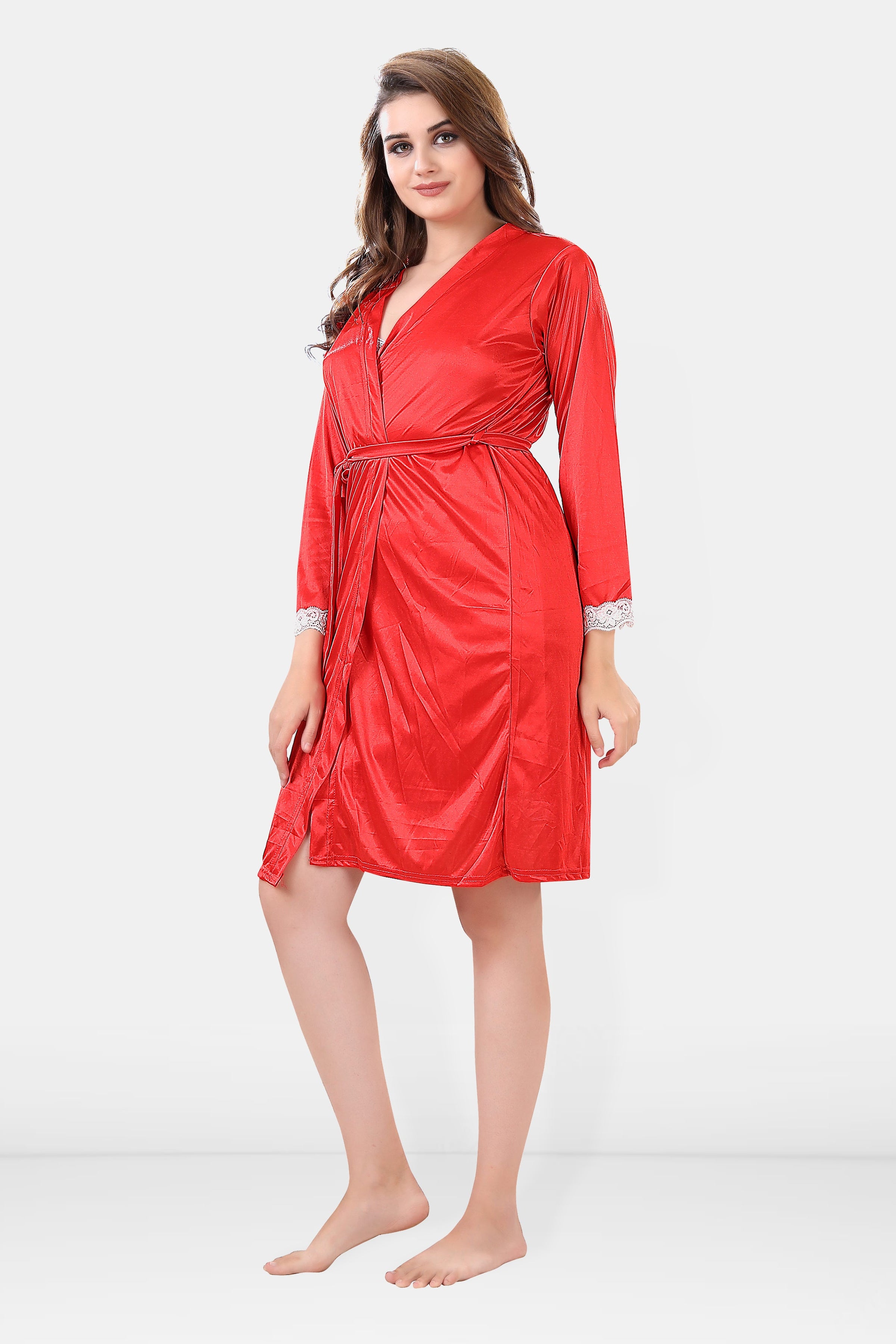 Red Satin Nighty with 3/4 Sleeve Robe for Women