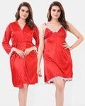 Red Satin Nighty with 3/4 Sleeve Robe for Women