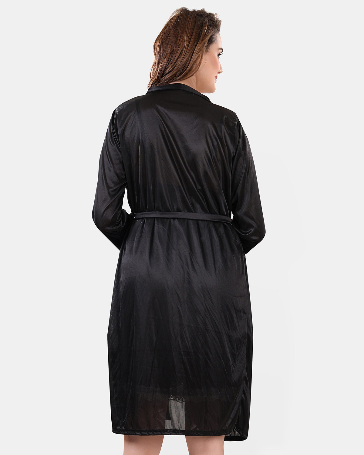 Black Satin Solid 3/4/ Sleeve Pack of 1 Nighty with Robe for Women