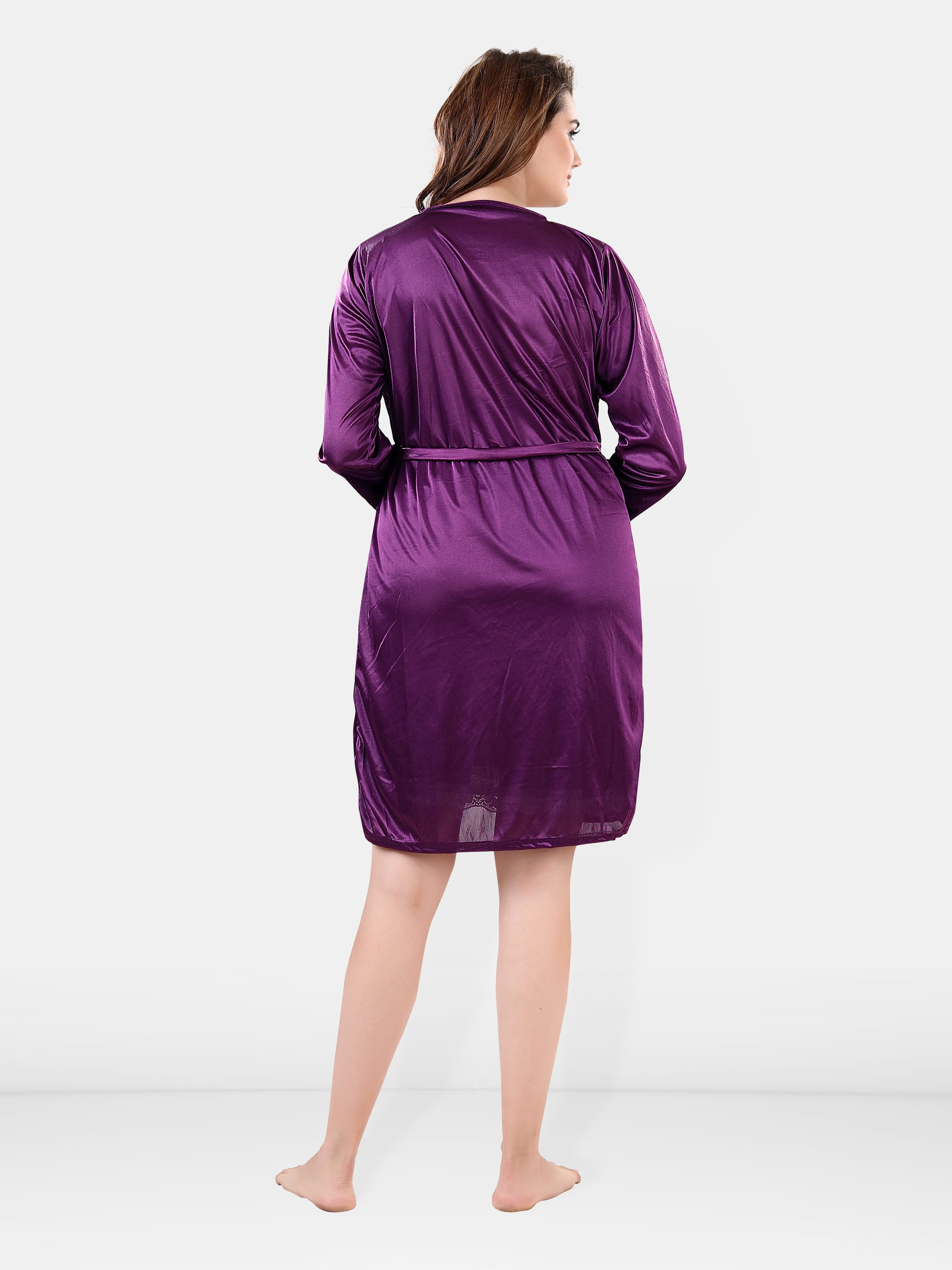 Purple Satin Solid 3/4/ Sleeve Pack of 1 Nighty with Robe for Women