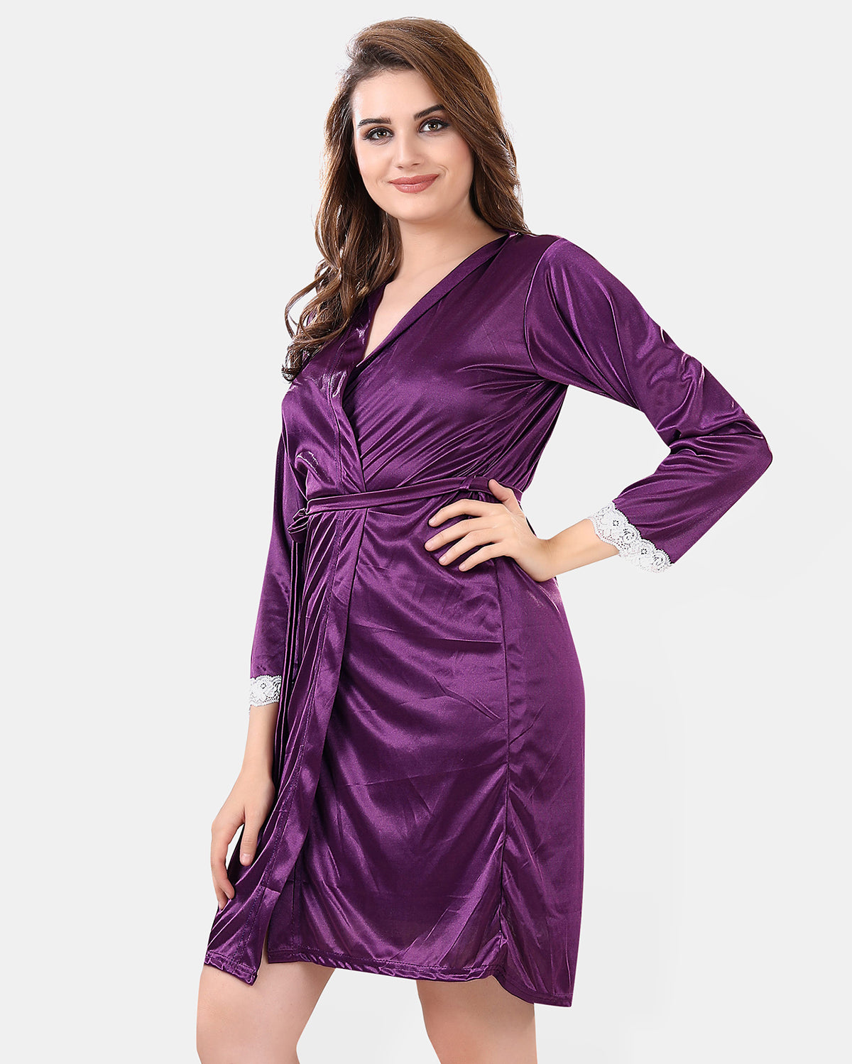 Purple Satin Solid 3/4/ Sleeve Pack of 1 Nighty with Robe for Women
