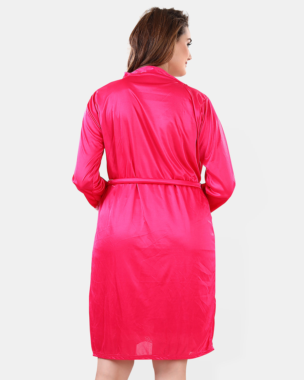 Pink Satin Solid Nighty with 3/4 Sleeve Robe – 2 Piece Nightwear Set