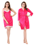 Pink Satin Solid Nighty with 3/4 Sleeve Robe – 2 Piece Nightwear Set