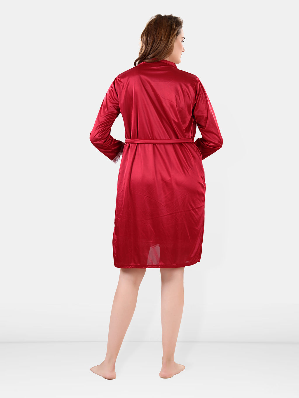 Maroon Satin Solid 3/4 Sleeve Robe for Women Back