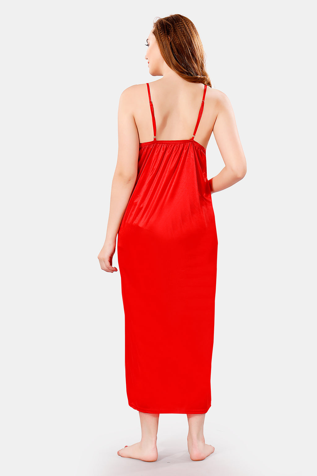 Red Satin Printed Nighty with Short Sleeve Robe – 2 Piece Nightwear Set
