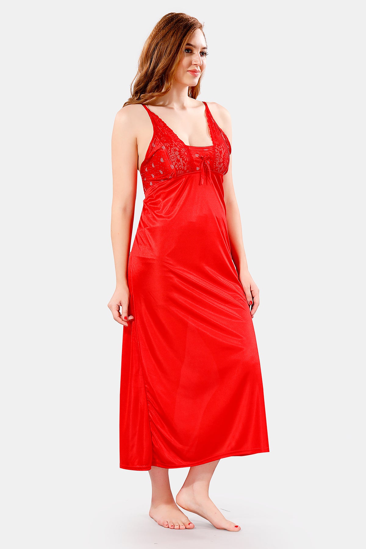 Red Satin Printed Nighty with Short Sleeve Robe – 2 Piece Nightwear Set