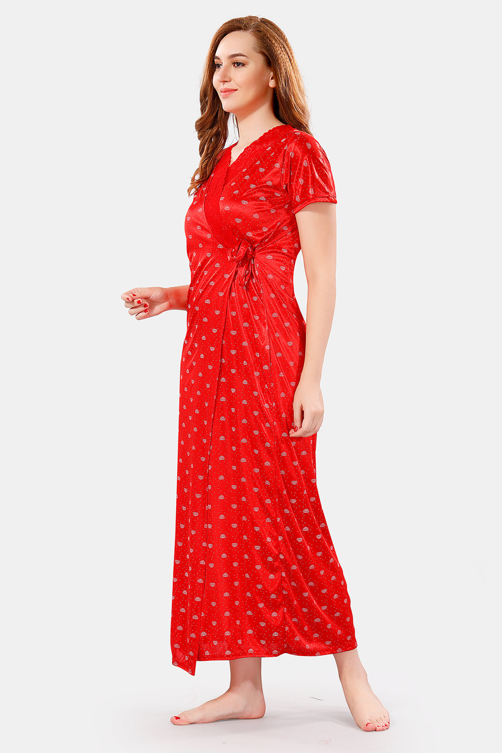 Red Satin Printed Nighty with Short Sleeve Robe – 2 Piece Nightwear Set