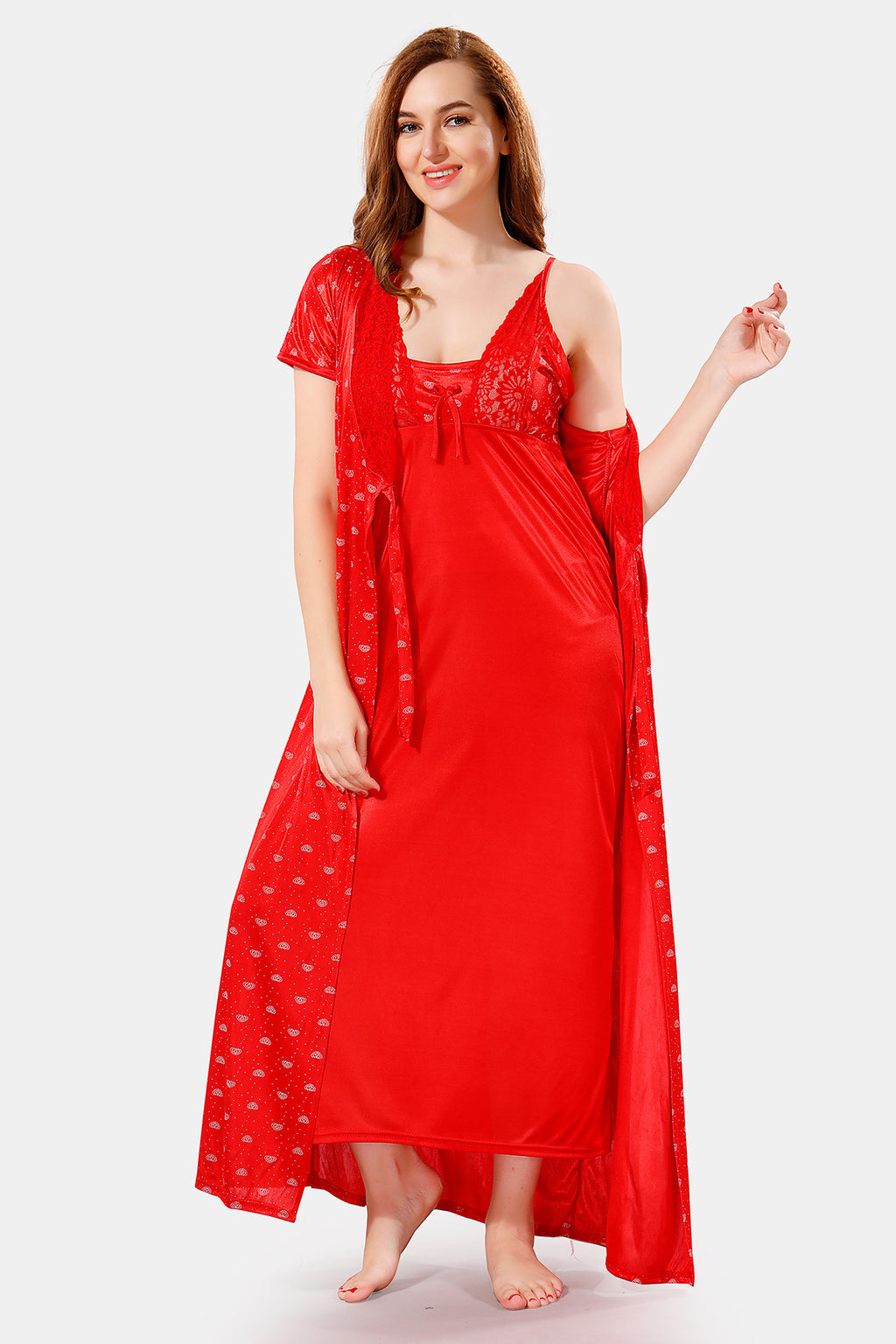 Red Satin Printed Nighty with Short Sleeve Robe – 2 Piece Nightwear Set