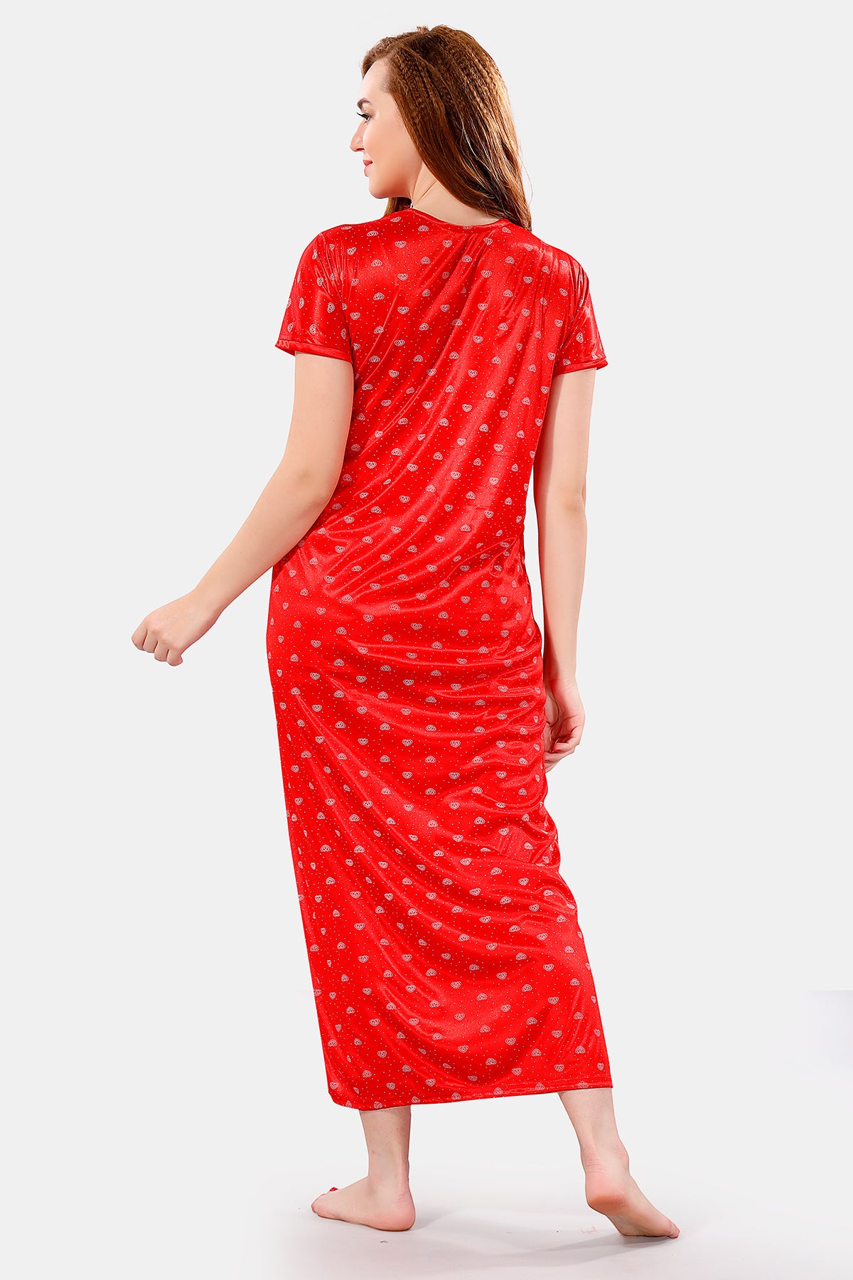 Red Satin Printed Nighty with Short Sleeve Robe – 2 Piece Nightwear Set
