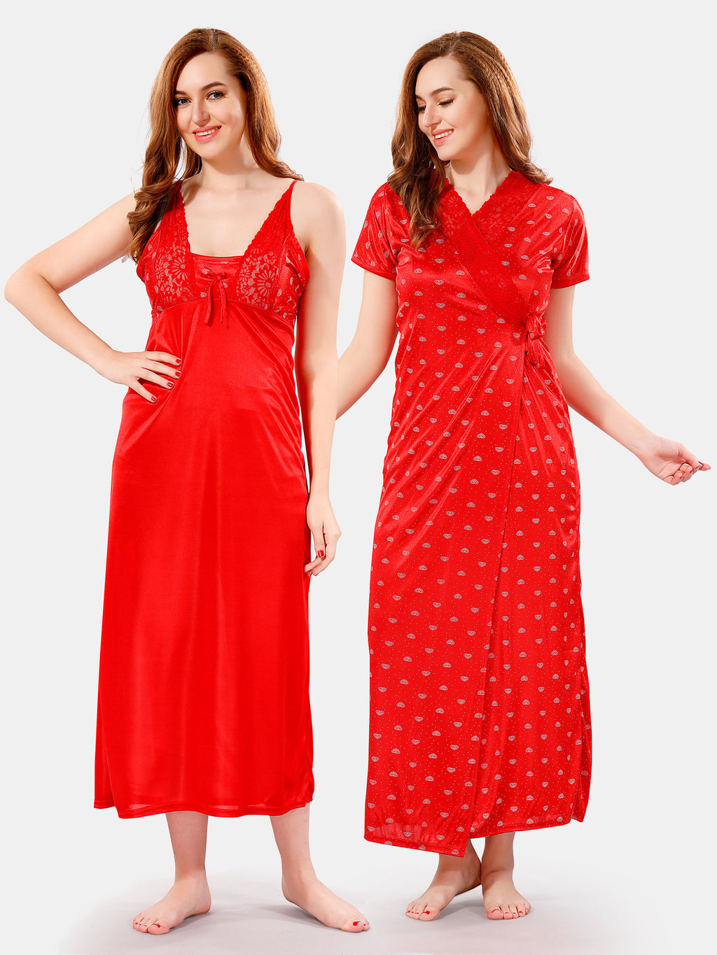 Red Satin Printed Nighty with Short Sleeve Robe – 2 Piece Nightwear Set
