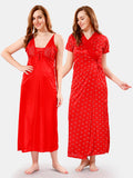 Red Satin Printed Nighty with Short Sleeve Robe – 2 Piece Nightwear Set