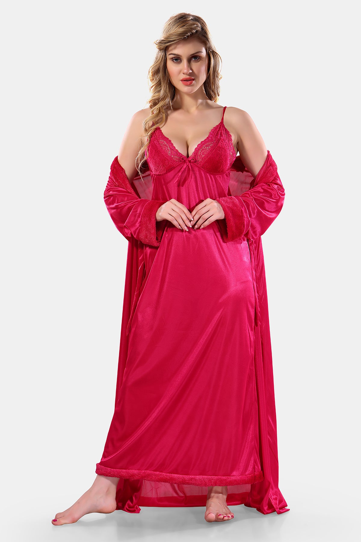 Deep Pink Satin Nighty with Robe Set 