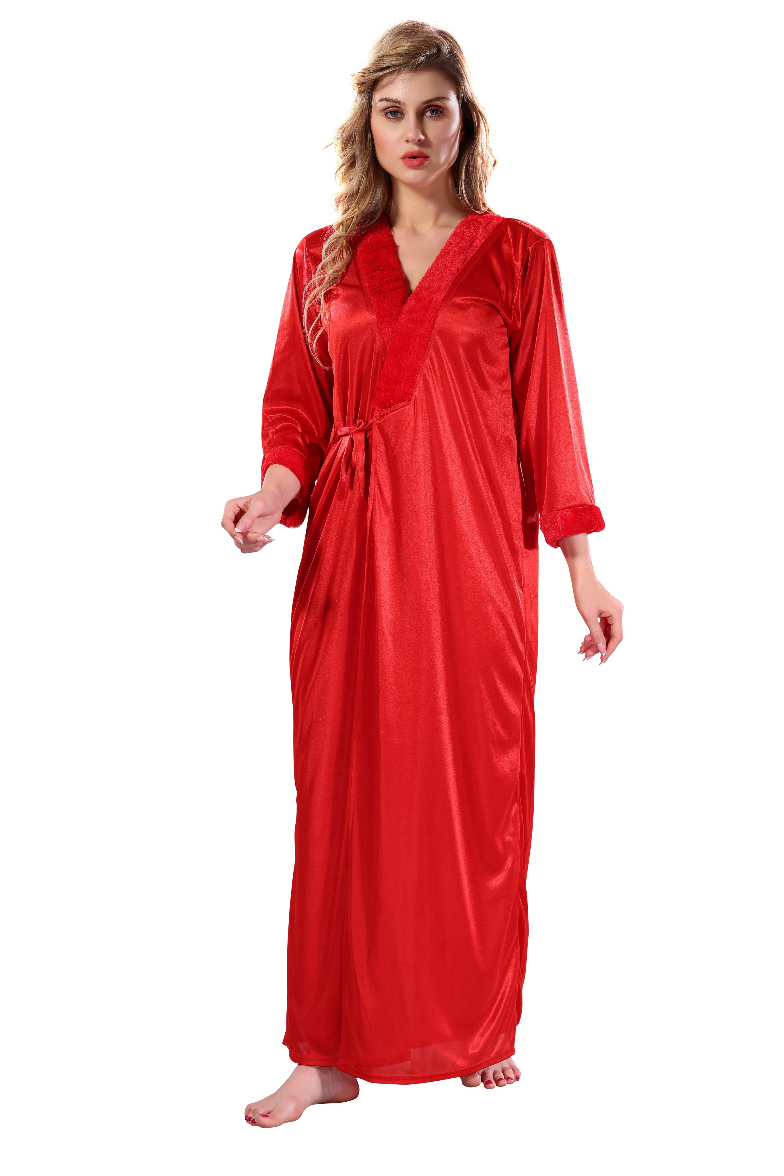 Red Solid Satin Full Sleeves Nighty & Robe Set for Women