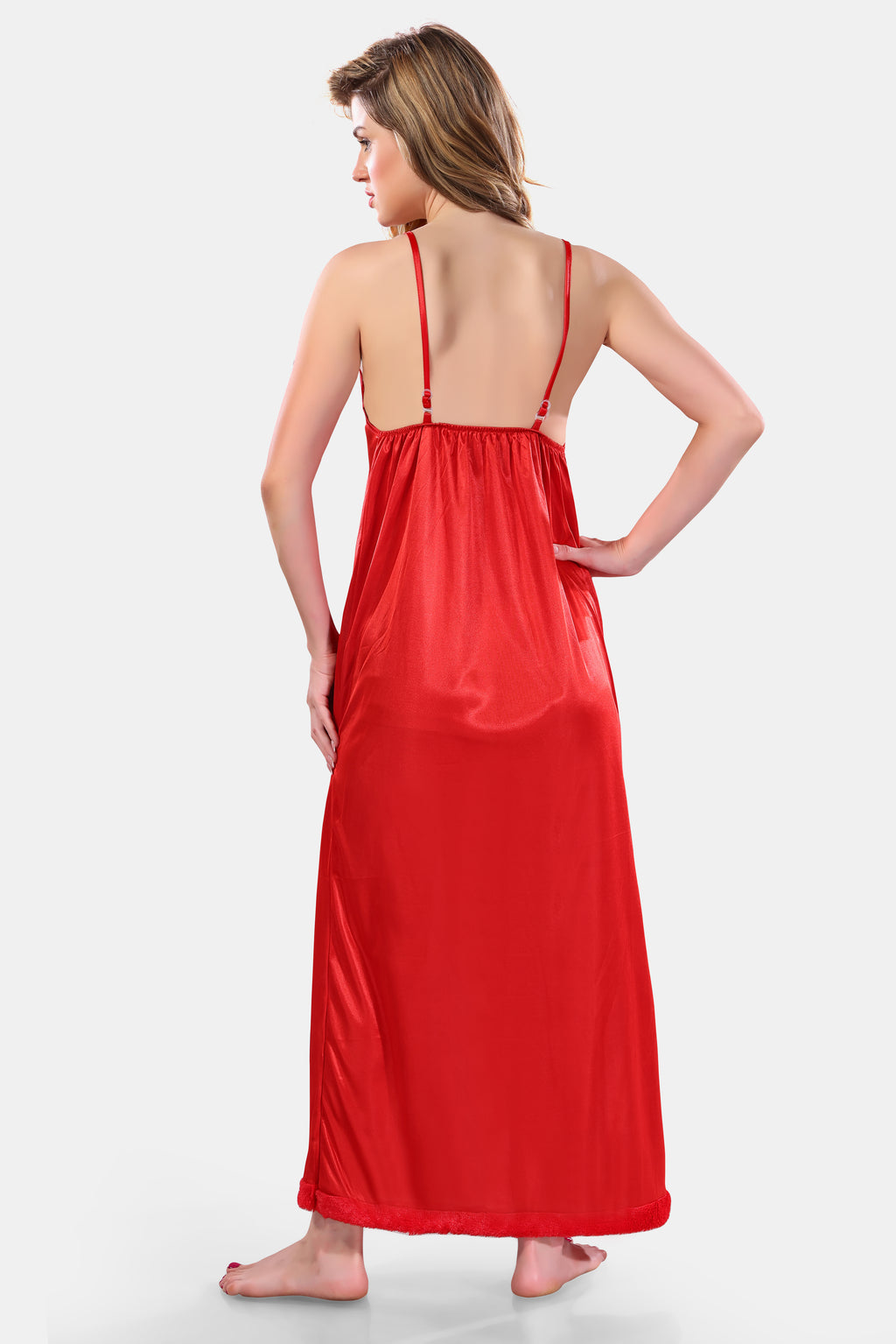 Red Solid Satin Full Sleeves Nighty & Robe Set for Women