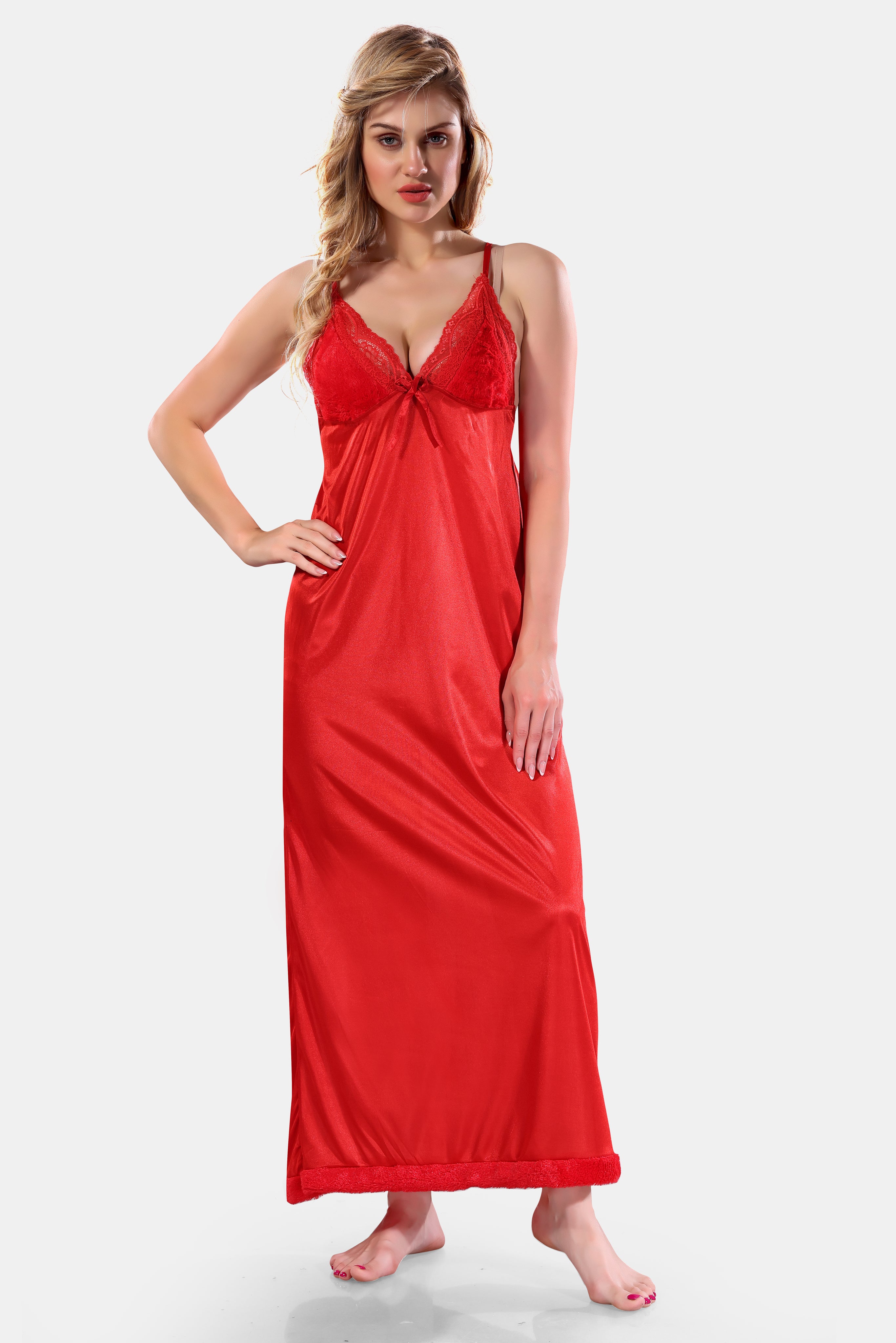 Red Solid Satin Full Sleeves Nighty & Robe Set for Women