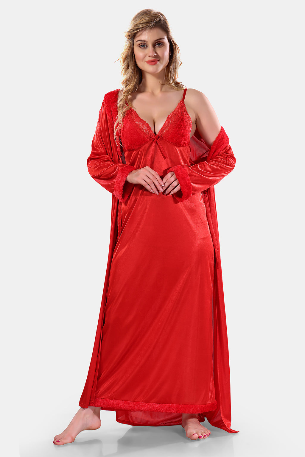 Red Solid Satin Full Sleeves Nighty & Robe Set for Women