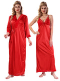 Red Solid Satin Full Sleeves Nighty & Robe Set for Women