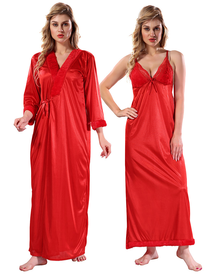 Red Solid Satin Full Sleeves Nighty & Robe Set for Women