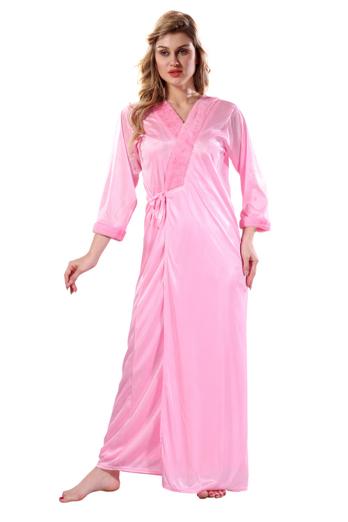 Baby Pink Solid Satin Full Sleeves Nighty & Robe Set for Women