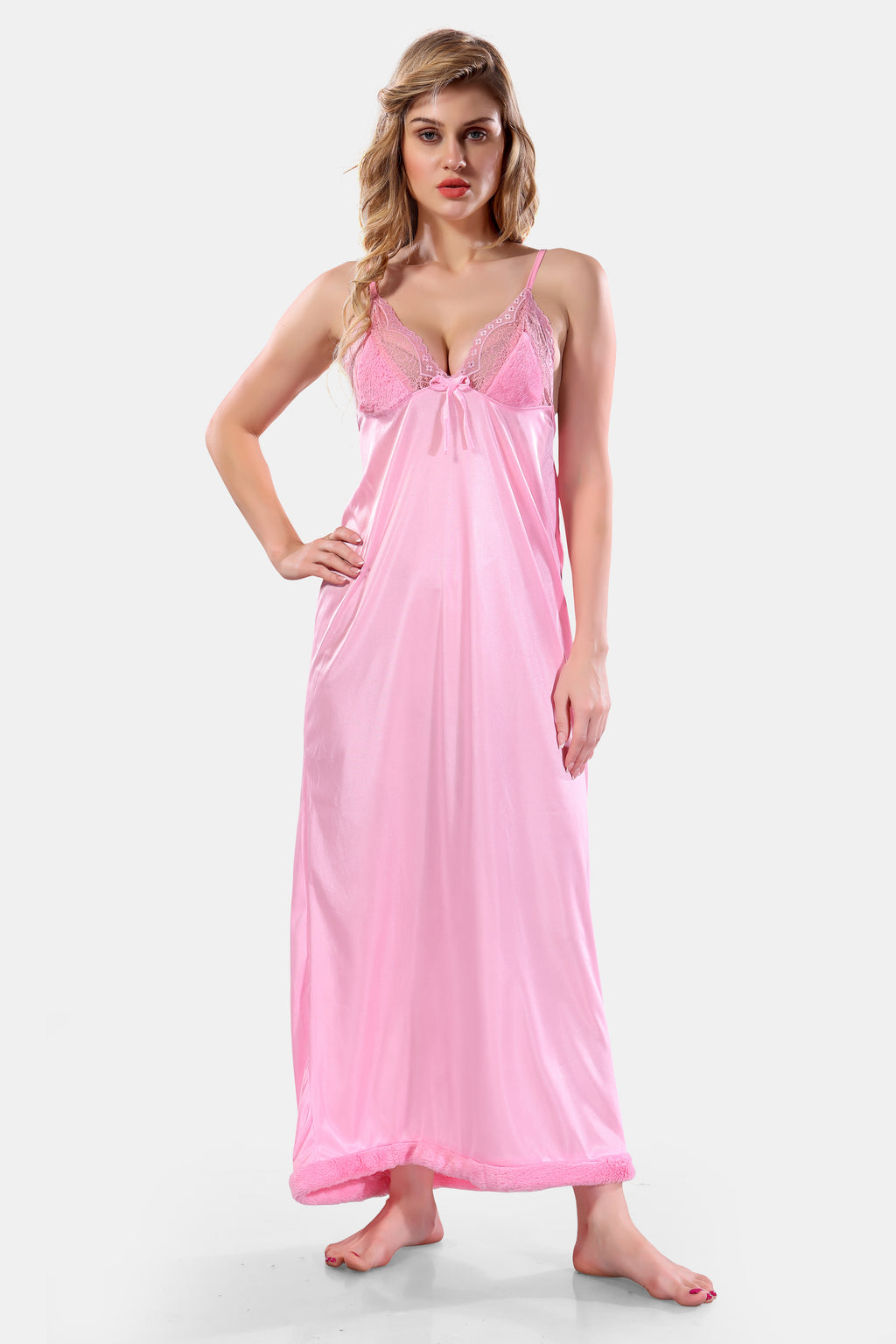 Baby Pink Solid Satin Full Sleeves Nighty & Robe Set for Women