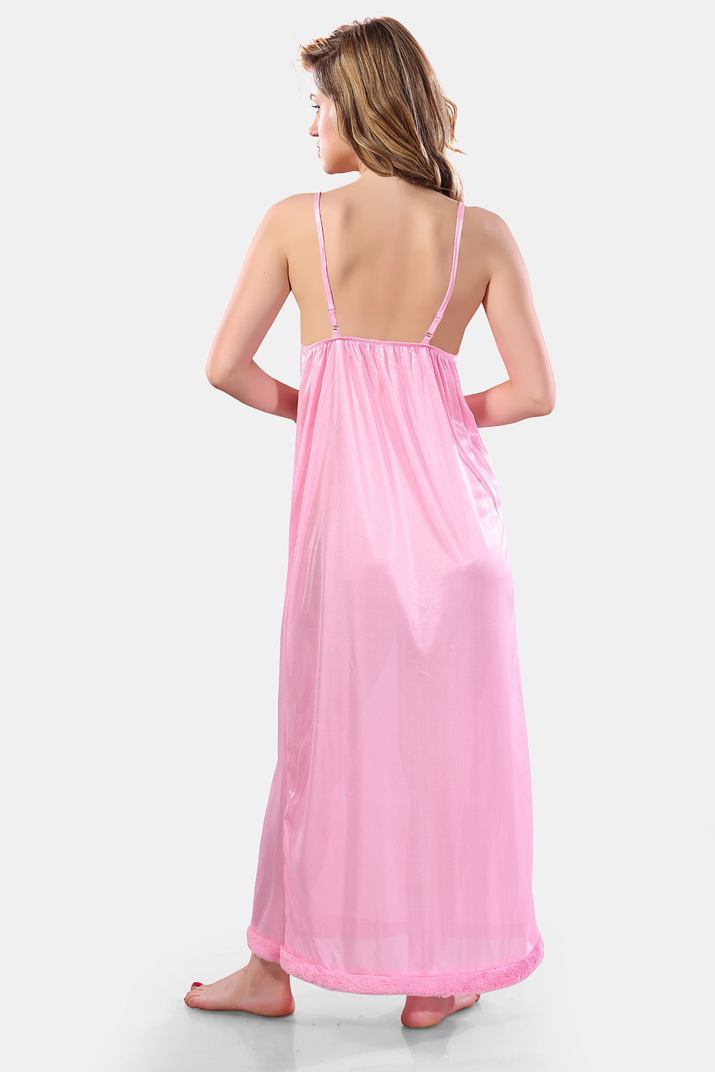 Baby Pink Solid Satin Full Sleeves Nighty & Robe Set for Women