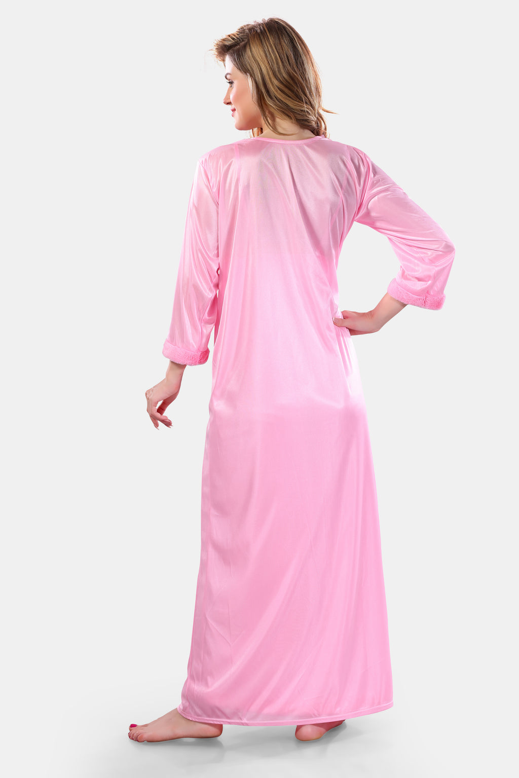 Baby Pink Solid Satin Full Sleeves Nighty & Robe Set for Women