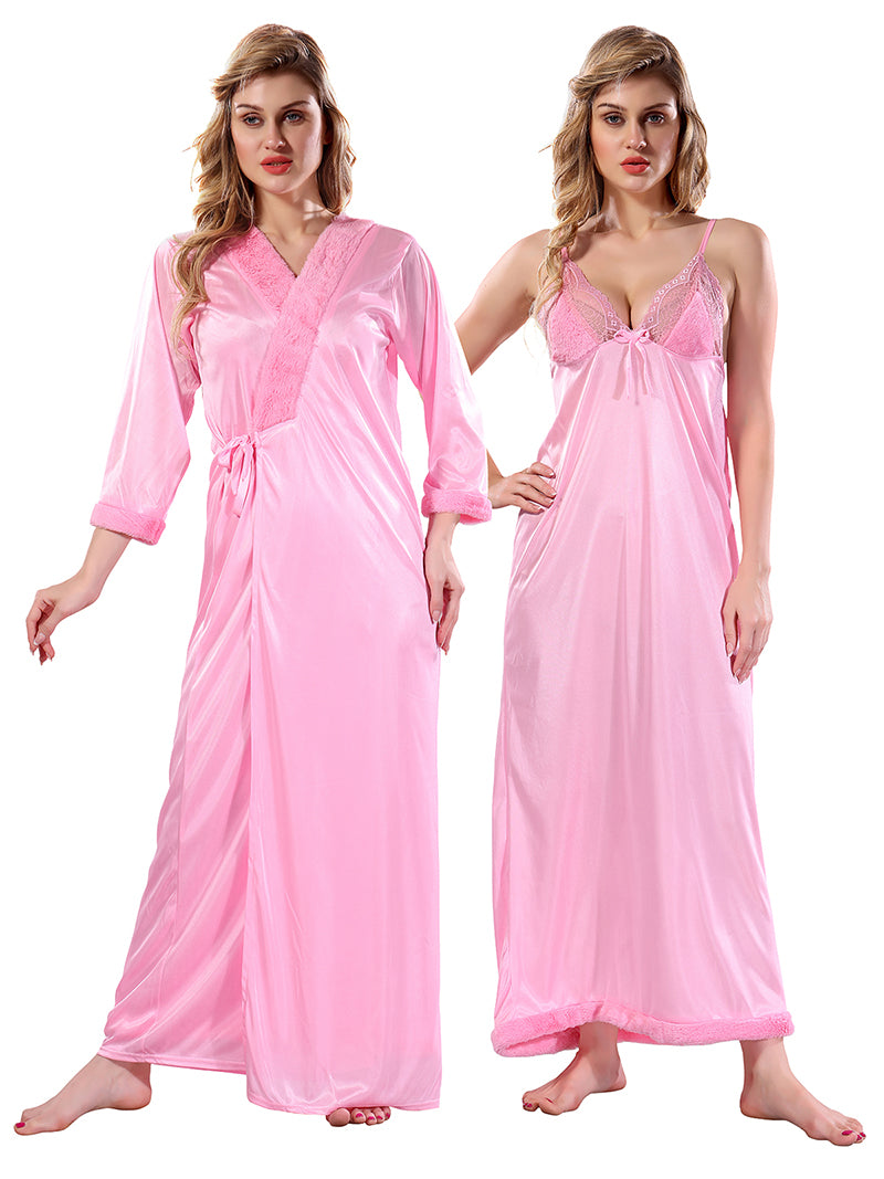 Baby Pink Solid Satin Full Sleeves Nighty & Robe Set for Women