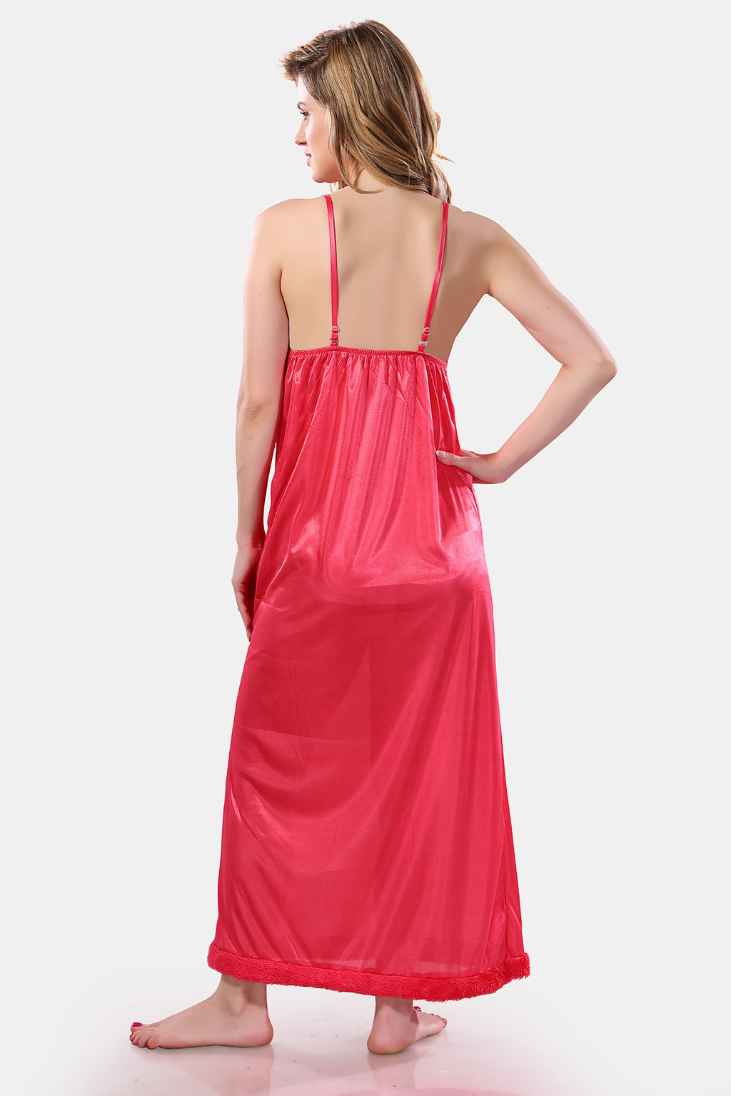 Peach Satin Solid Full Sleeves Nighty with Robe Set for Women