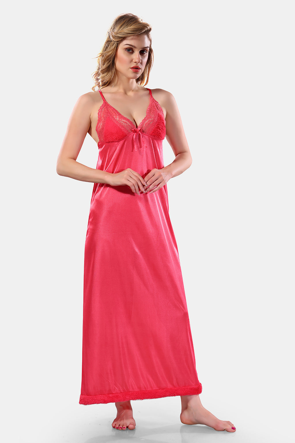 Peach Satin Solid Full Sleeves Nighty with Robe Set for Women