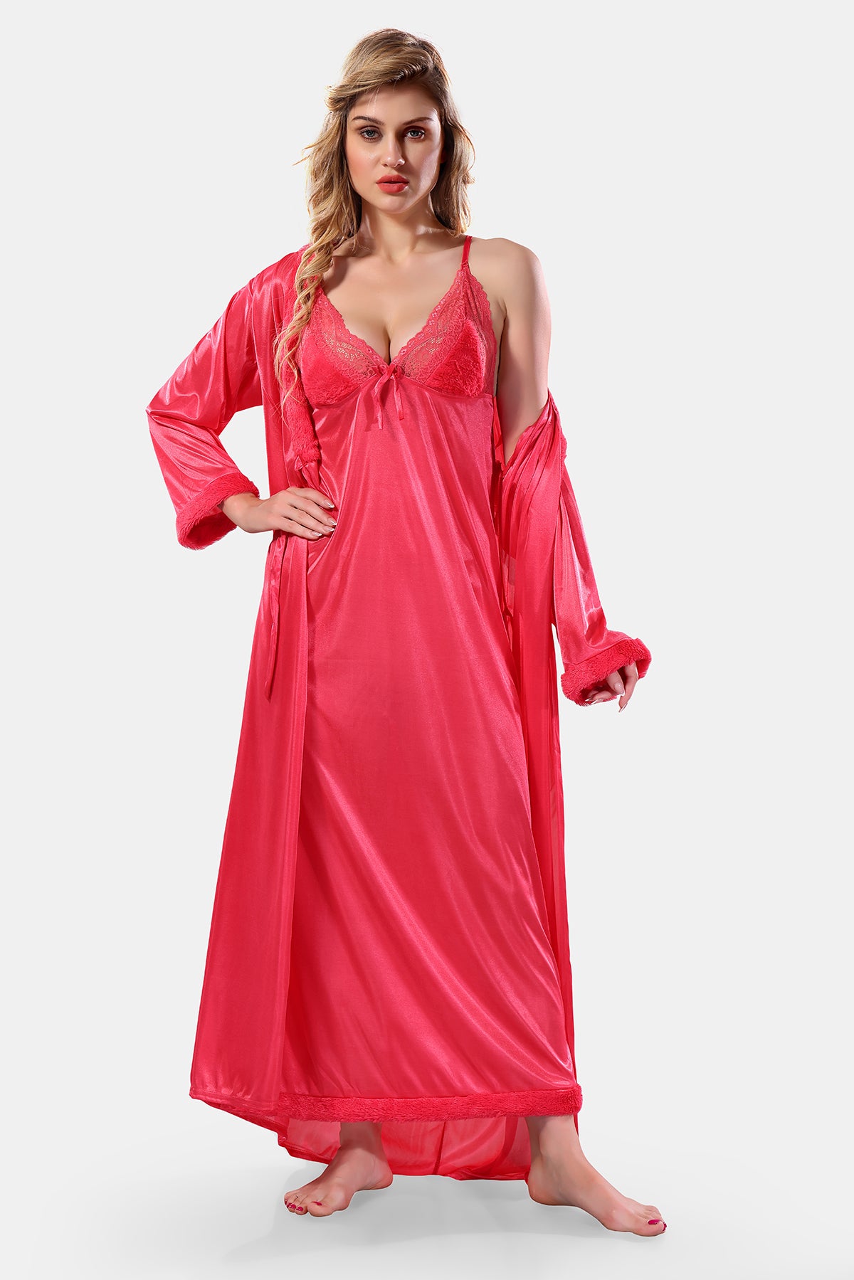 Peach Satin Solid Full Sleeves Nighty with Robe Set for Women