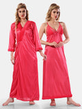 Peach Satin Solid Full Sleeves Nighty with Robe Set for Women